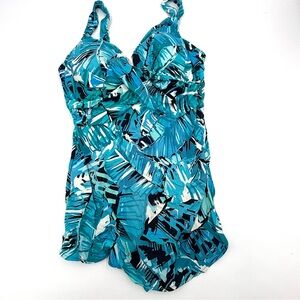 Croft & Barrow Blue Leaf Print One Piece Swim Bathing Suit Size 18